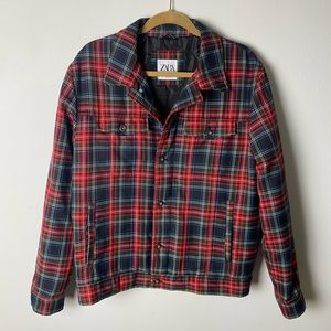 NWOT Zara Mens Red Tartan Plaid Button Front Jacket  Quilted Lining  Size Large